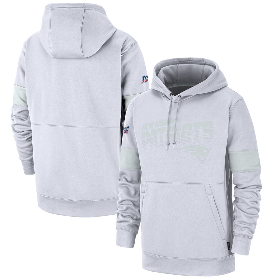 Men's New England Patriots White 2019 100th Season Sideline Platinum Therma Pullover Hoodie